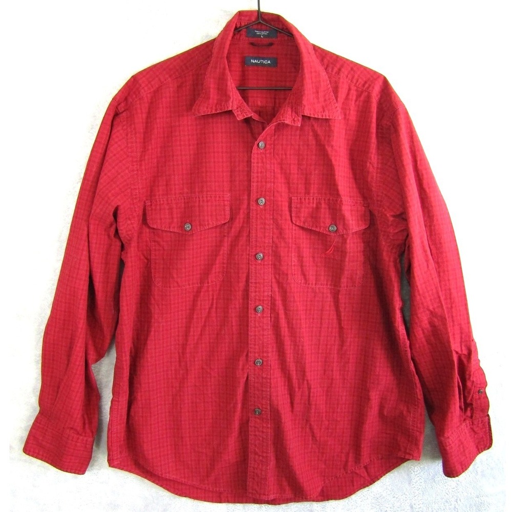 Nautica Button Down Shirt Mens Large Red Excellent Long Sleeve Plaid Cotton